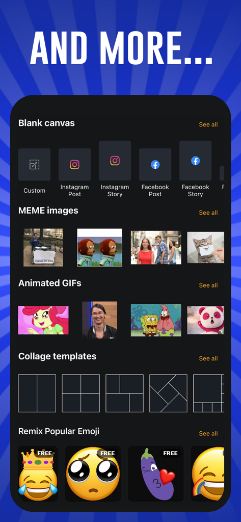 ミームテンプレート、GIF、SNS用レイアウトを表示するMeme Maker Proのインターフェース。