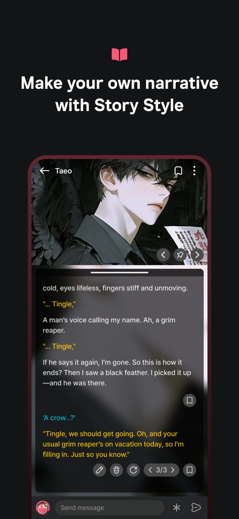 TingleChat app interface showing a narrative chat session with an anime style character named Taeo