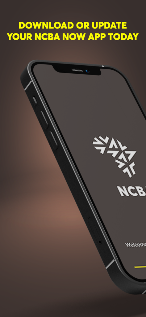 Tela de smartphone mostrando um prompt para baixar ou atualizar o aplicativo de mobile banking NCBA NOW