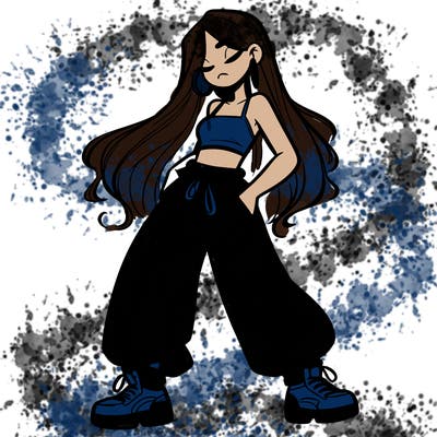 girl in baggy pants crop top and long hair