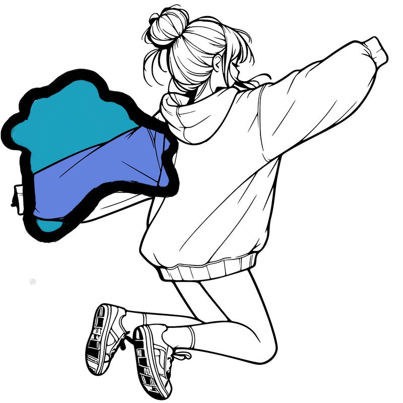 realistic girl jumping with a bun and oversized sweatshirt