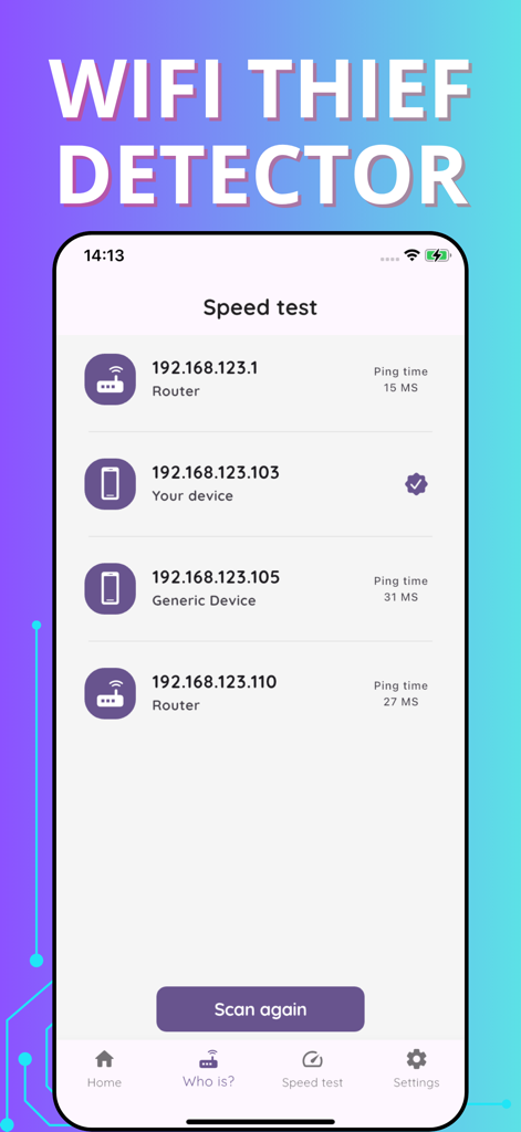 Wifi password auto - WiFi泥棒検出画面。IPアドレスとping時間を持つ接続済みデバイスのリストが表示されています