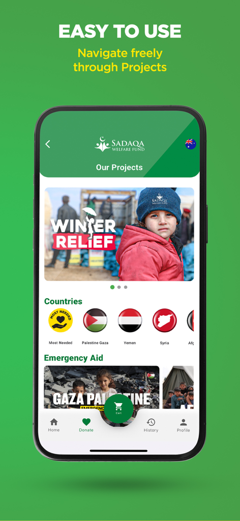 Sadaqa - Interfaz de la aplicación Sadaqa que muestra varios proyectos de caridad, incluyendo Ayuda de Invierno y Ayuda de Emergencia para Palestina.