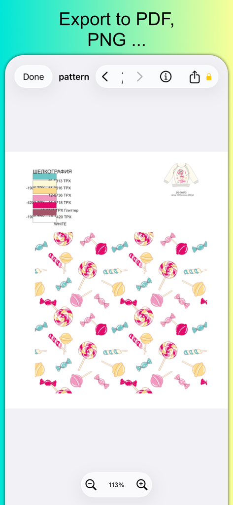 VectorView - File Organizer - A vector file preview in the VectorView app featuring a candy pattern and the option to export to PDF or PNG.