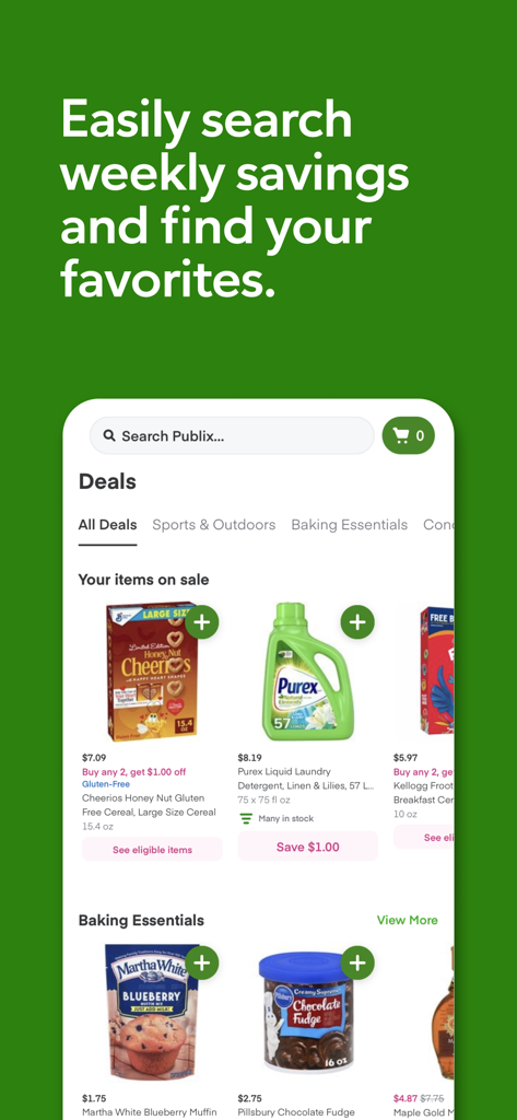 Interface of the Publix app displaying weekly deals and a search bar for groceries
