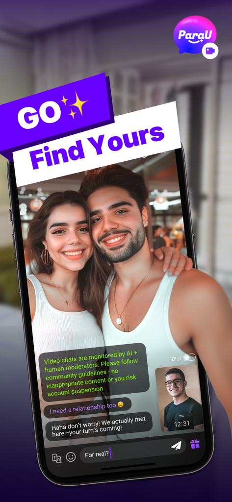 ParaU app chat screen showing social interaction and safety monitoring notice