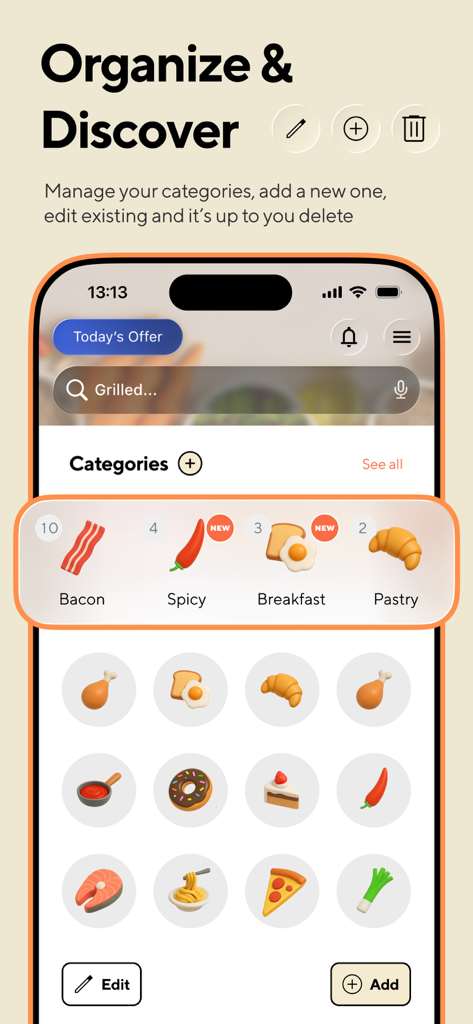 Recipe Keeper: RecipeSnap - Interface of the Recipe Keeper app showing organized food categories like bacon and breakfast with edit and add options