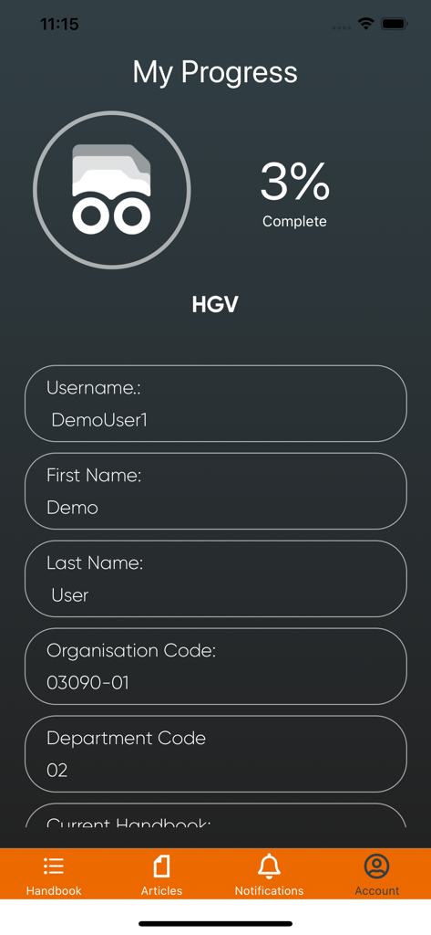The Driver Handbook app showing My Progress screen with user account details and three percent completion status