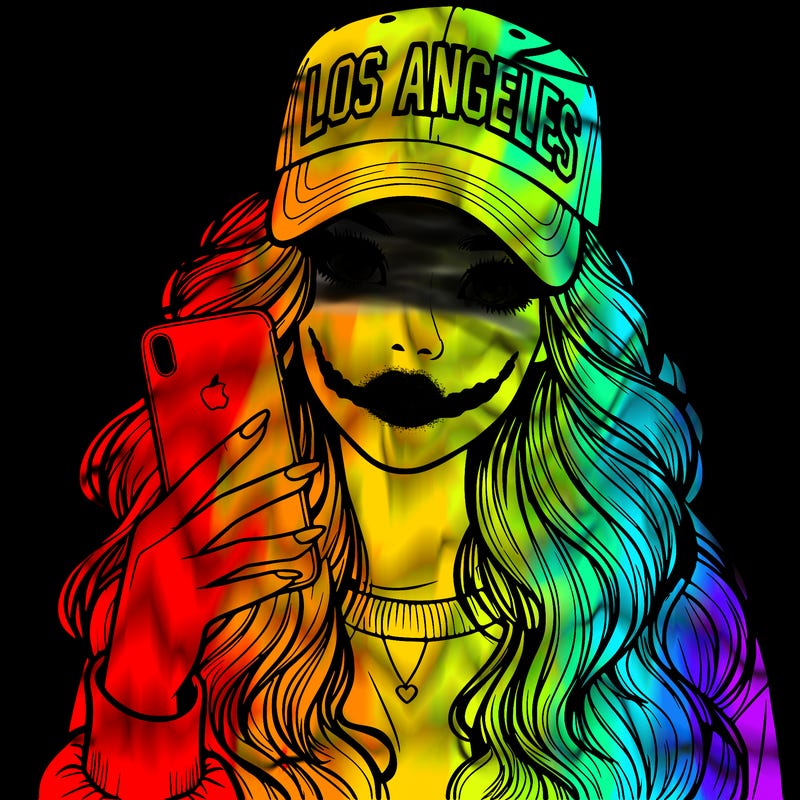 realistic beautiful girl wearing los ángeles cap holding an iphone