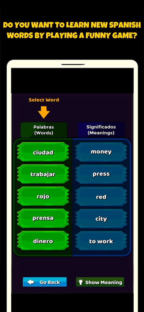 Spanish vocabulary matching game screen with words and meanings