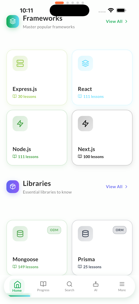 Interfaz de la aplicación Learn MERN Stack que muestra cursos disponibles para bibliotecas de React, Express, Node y bases de datos.