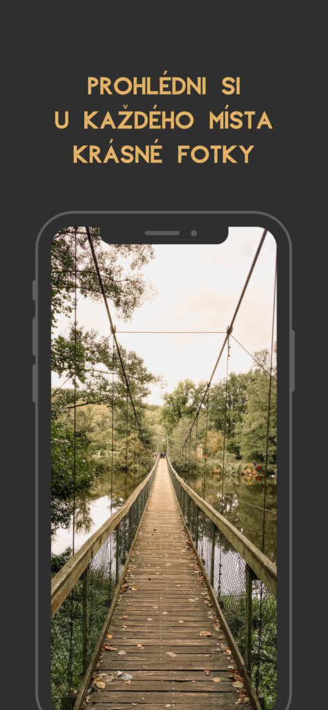 Smartphone displaying a scenic wooden suspension bridge in a nature travel app