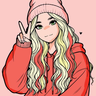 a teenage girl in a beanie, oversized sweatshirt, wavy long hair, and is showing a ✌️