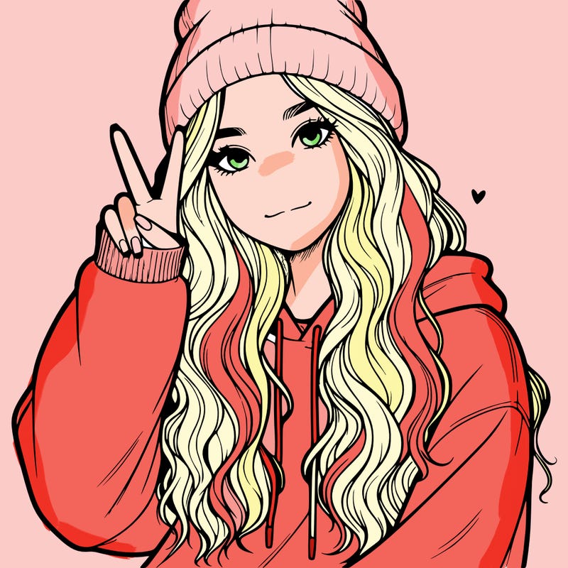 a teenage girl in a beanie, oversized sweatshirt, wavy long hair, and is showing a ✌️