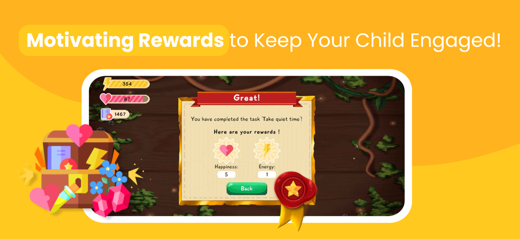 Chores and Anger Management - Lusha app reward screen showing points earned for completing a quiet time task.