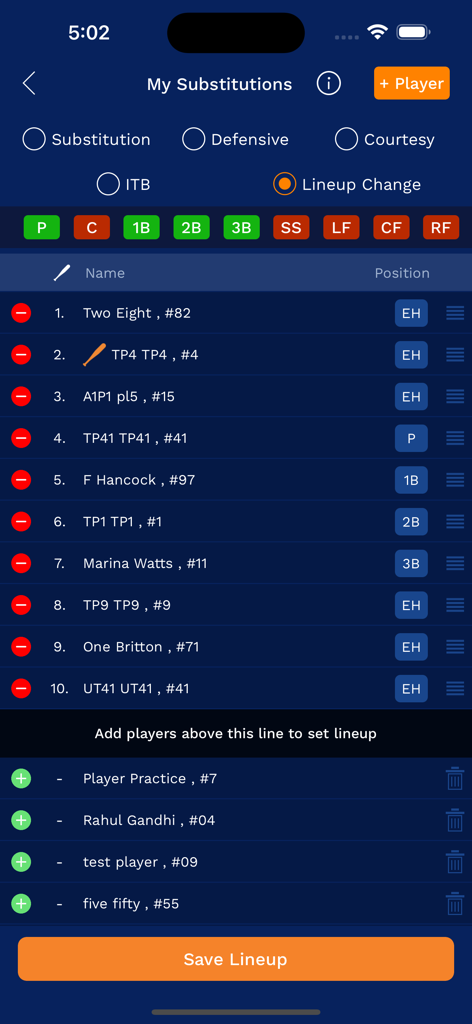 AthletesGoLive - AthletesGoLive mobile app screen for managing team substitutions and game lineups.
