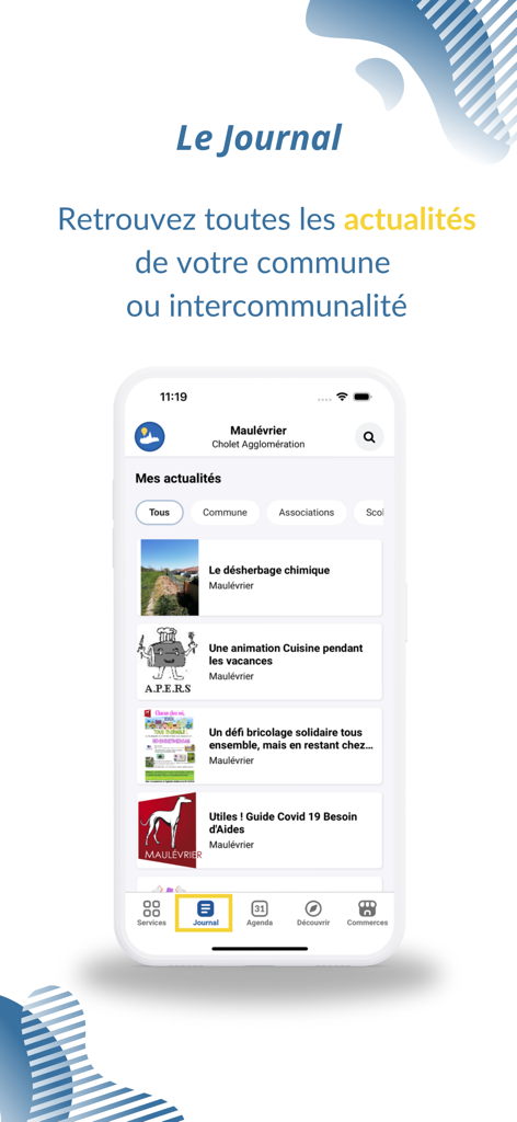 IntraMuros: Info du territoire - Smartphone displaying a local news feed with municipal updates and community events.