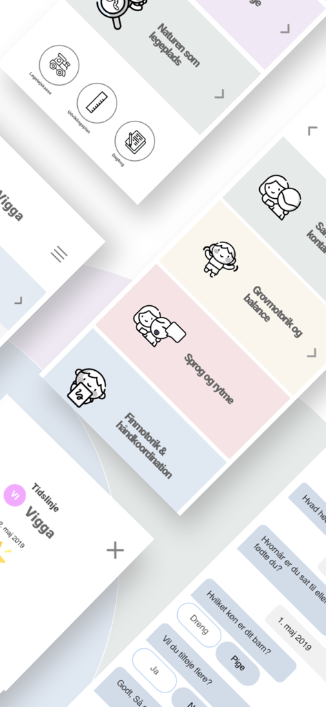 Lille menneske 0-3 år - Capturas de pantalla de la aplicación Lille menneske que muestran hitos de desarrollo y categorías de actividades infantiles