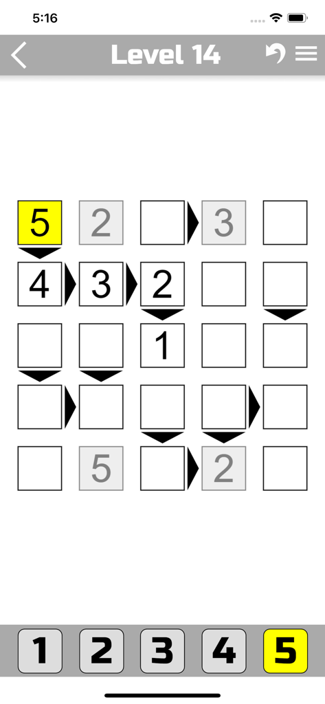 A 5x5 Futoshiki logic puzzle grid with inequality signs and numbers.
