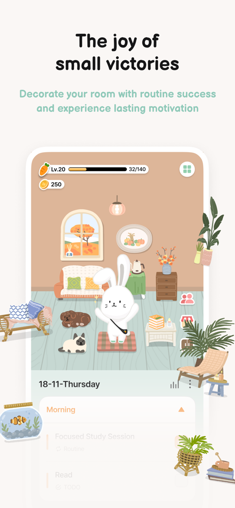 Roubit : Fun Routine Planner - 꾸며진 방에 있는 귀여운 토끼가 있는 Roubit 앱 스크린샷 및 루틴 일정