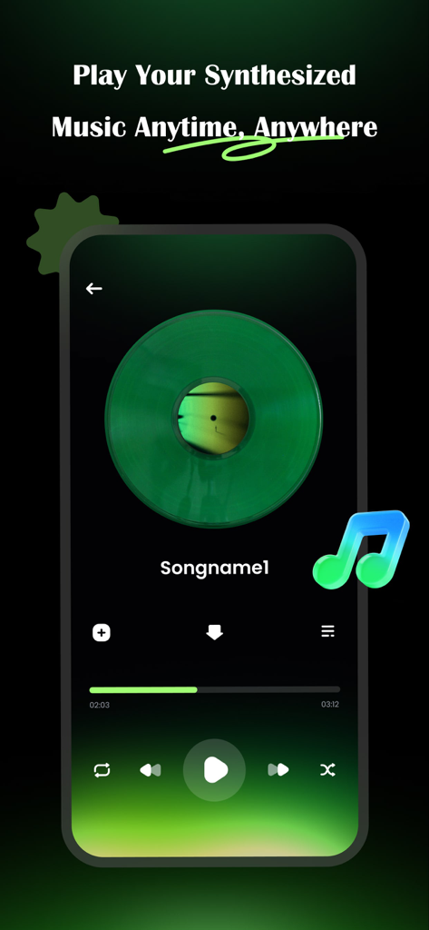 Mixio Music-Music Mixer - Mobile music player interface with a green vinyl record and playback controls for synthesized music.