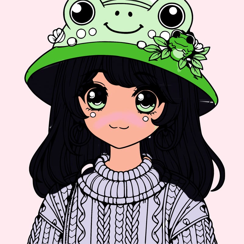 realistic girl wearing frog sweater and a frog hat with frog earrings