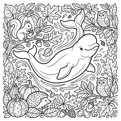 Embark on a delightful coloring journey with a beluga whale playfully set against a backdrop of rich autumn foliage and friendly woodland creatures. This enchanting scene combines marine wonder with the cozy charm of fall for a unique artistic experience.