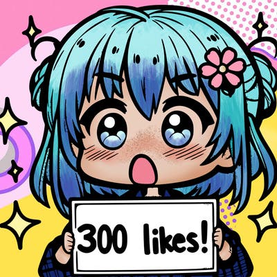 shocked chibi girl with a sign the says 300 likes!!