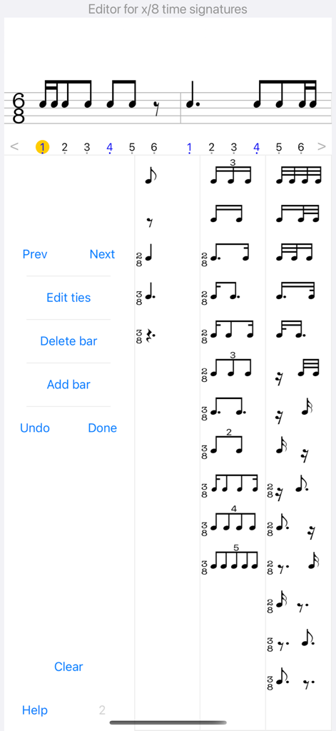 Rhythm notation editor interface for creating custom exercises in the Rhythm Sight Reading Trainer app.