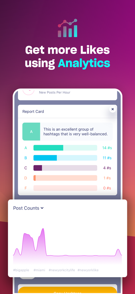 App Hashtag Expert che mostra il dashboard delle analisi con pagella degli hashtag e metriche di performance