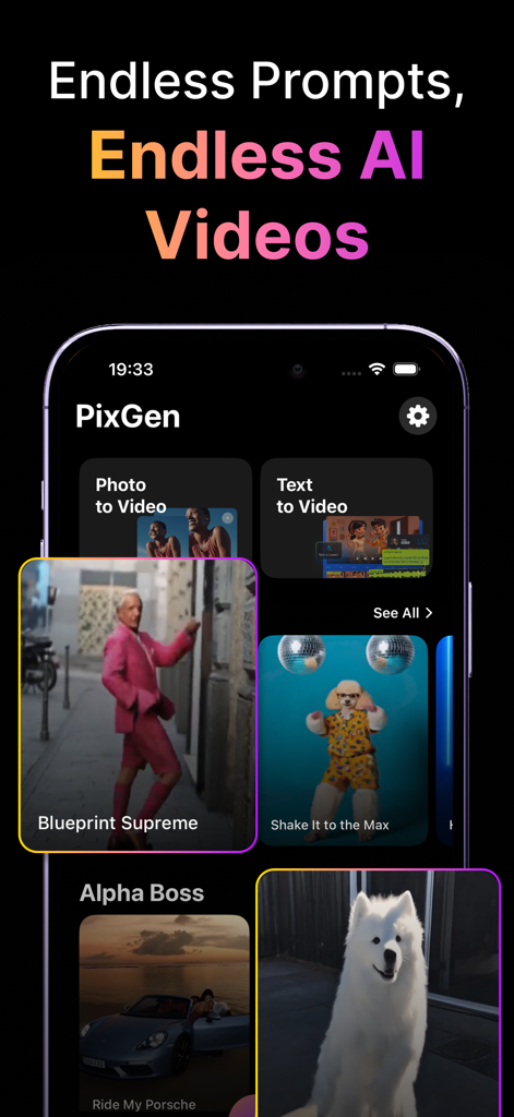 PixGen - AI Video Generator - PixGenアプリのインターフェース、複数のAI生成ショート動画と、テキストから動画への作成オプションを表示
