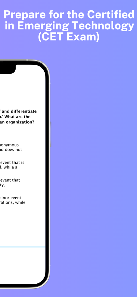 Smartphone screen showing a practice question for the Certified in Emerging Technology CET exam