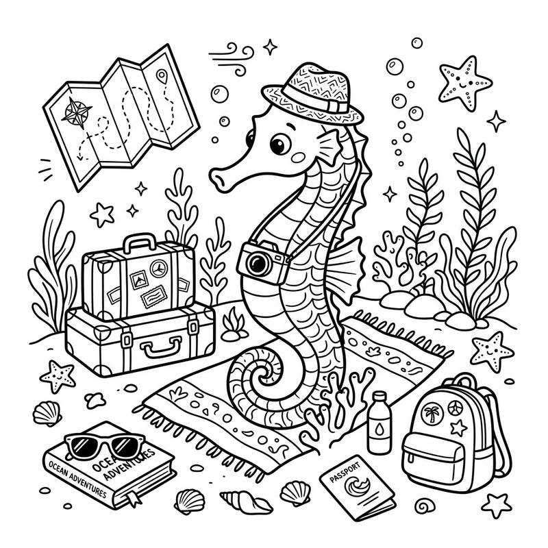 Get ready for an aquatic adventure with this charming Common Seahorse Vacation coloring page! Our delightful seahorse is packed and prepared for an exciting journey across the ocean depths.