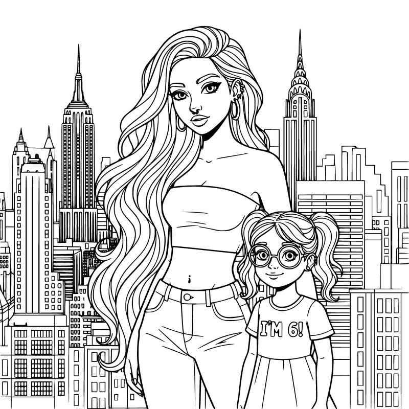 teen girl with belly button piercing, a lot of ear  piercings, strapless crop top, background in new york city, very long hair, makeup, nose ring, little girl next to her, with one ear piercing, pigtails, glasses, dress that says, i’m 6! ,