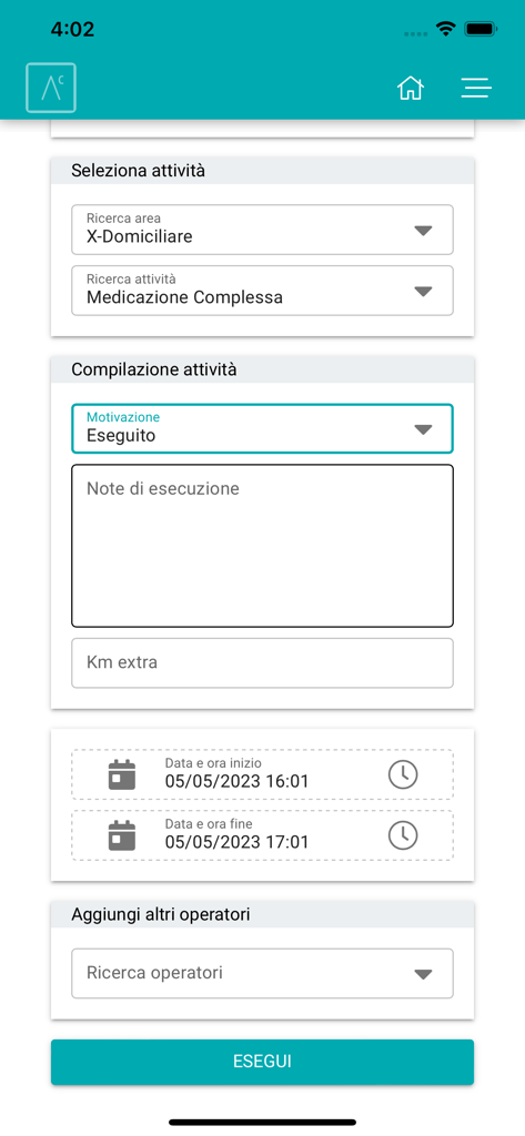 Advenias Care Domiciliare - Schermata dello smartphone che mostra un modulo di registrazione delle attività mediche nell'app Advenias Care Domiciliare per i professionisti dell'assistenza domiciliare.