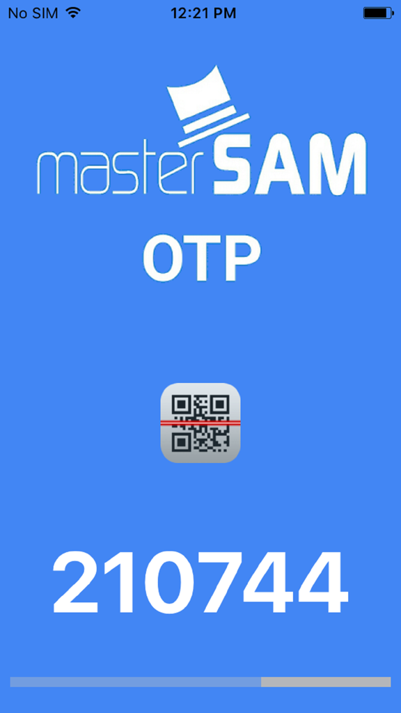 MasterSAM OTP - MasterSAM OTP mobile app interface displaying a one-time password and QR code icon