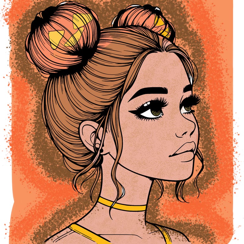 realistic girl with buns on the top of her head