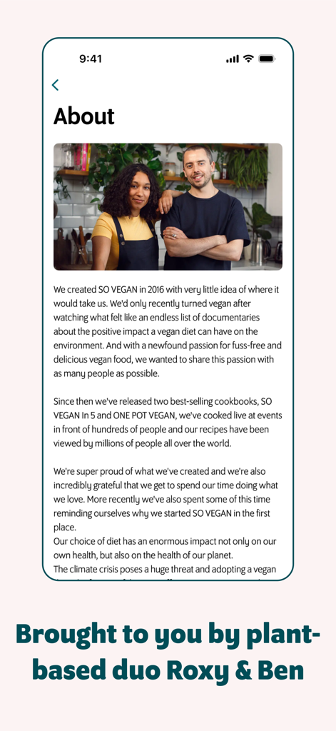 SO VEGAN: Healthy Recipes - About page of the SO VEGAN app featuring a photo of creators Roxy and Ben