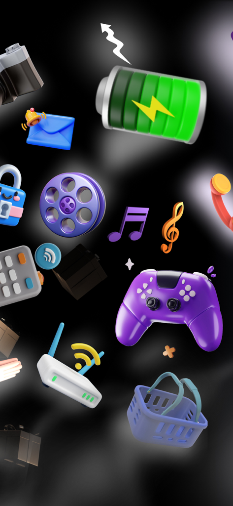 Black Ball 2025 - 어두운 배경에 떠 있는 필름 릴, 게임 컨트롤러, 음악 노트와 같은 스타일화된 3D 아이콘