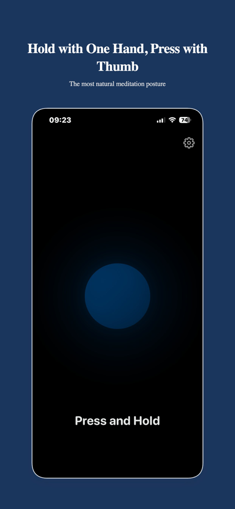 Haptic Calm app screen showing instructions for one-handed thumb press meditation