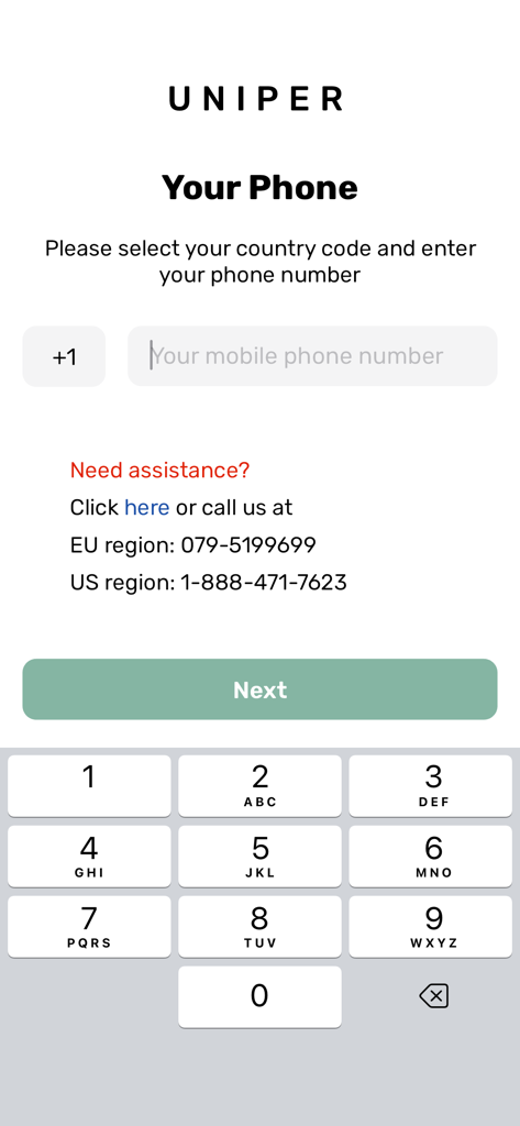 Pantalla de registro de número de teléfono para la aplicación Uniper con campos de entrada claros e información de contacto de soporte.