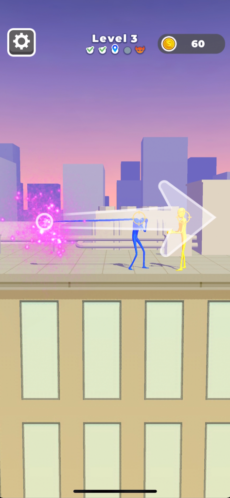 A blue stick figure stretching its arm to attack a yellow opponent on a city rooftop in the Gum Gum Battle mobile game.