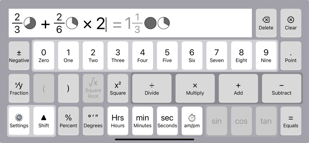 DysCalculator interface showing a fraction calculation with pie chart pictograms and a labeled accessibility keyboard.