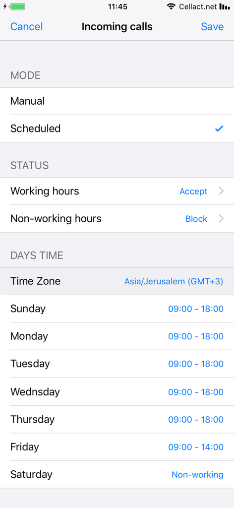 Secnum - Pantalla de la aplicación Secnum mostrando la configuración de llamadas entrantes programadas por día y zona horaria
