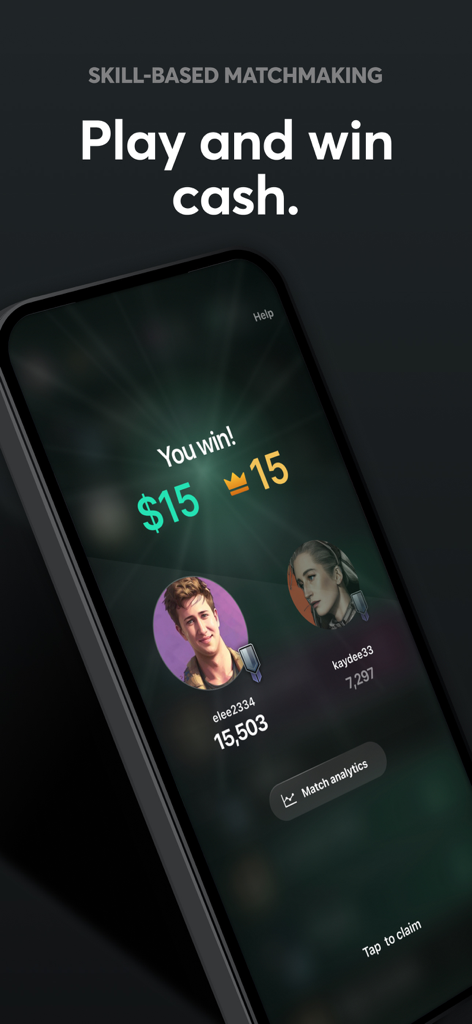 Triumph: Play for Cash - Triumph App-Oberfläche, die zeigt, wie ein Spieler fünfzehn Dollar in einem geschicklichkeitsbasierten 1-gegen-1-Match gewinnt.