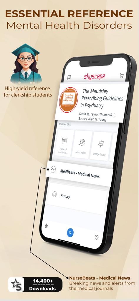 Maudsley Prescribing Guidelines in Psychiatry Mobile App Oberfläche mit Referenzwerkzeugen für psychische Gesundheit und Nachrichtenfunktionen für Ärzte