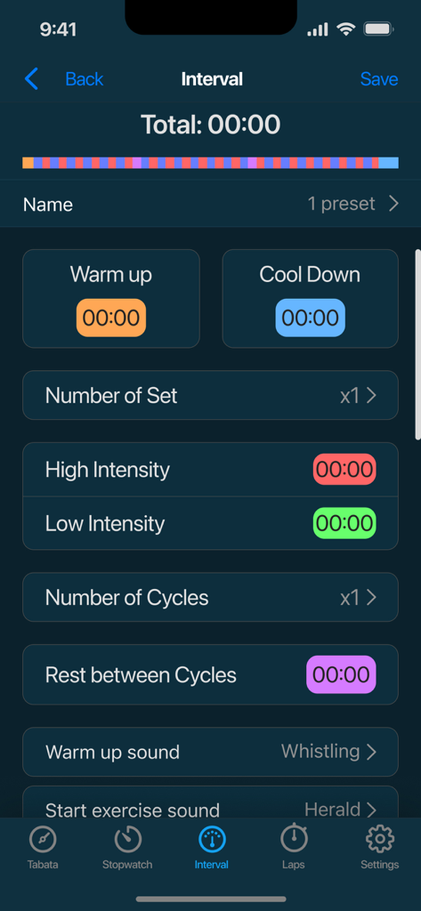 Stopwatch & Countdown Timer - Interfaz para configurar los ajustes del temporizador de intervalos para entrenamientos HIIT y Tabata