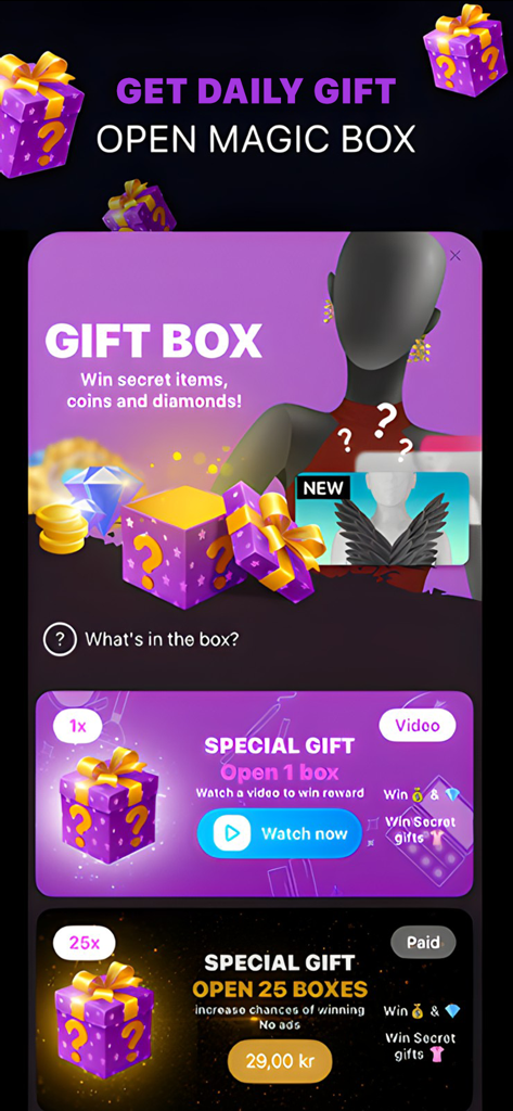 Makeup Creator: Makeup Games - Daily magic gift box rewards screen for secret items coins and diamonds in makeup creator app