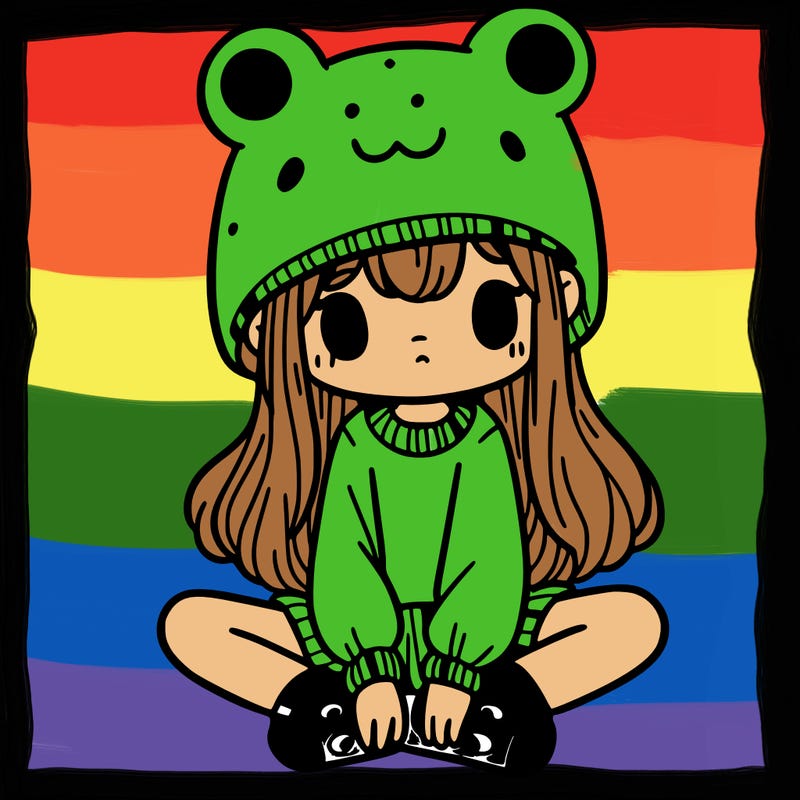 a girl wearing a frog hat and some frog socks
