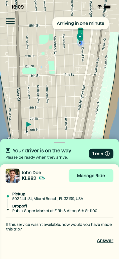 Real-time driver tracking and ETA on the Ride Circuit app map in Miami Beach